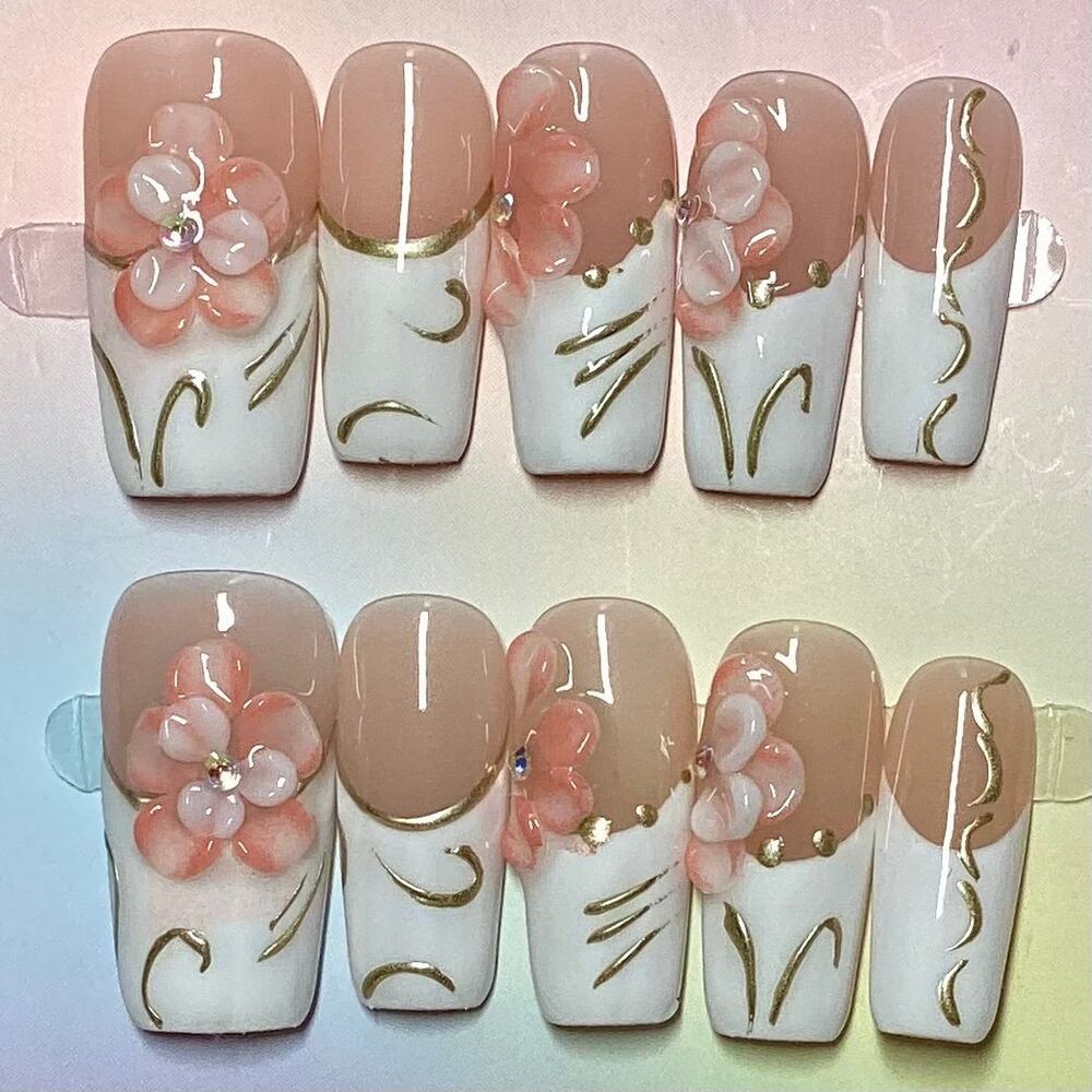Peach 3D Flower Gold Chrome White French Tip Square Press-On Nails Medium Large